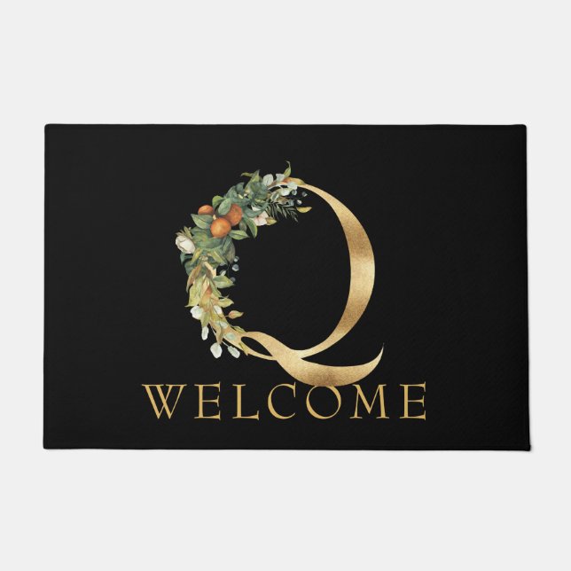 Classy Gold Monogram Q with Fruit and Flowers Doormat (Front)