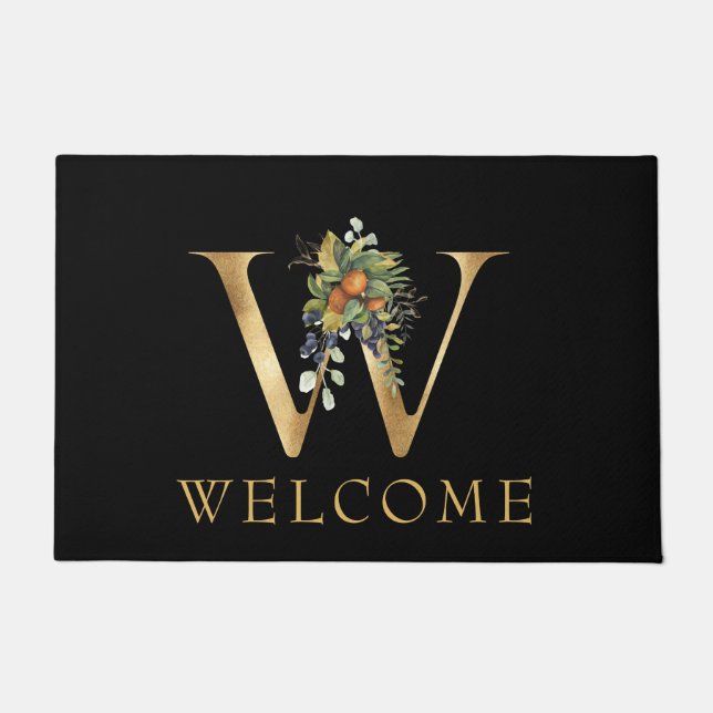 Classy Gold Monogram W with Fruit and Flowers Doormat (Front)