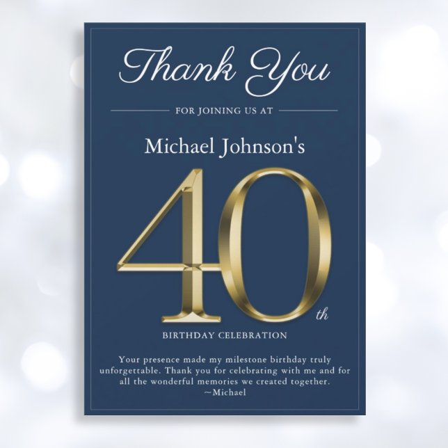 Classy Gold Navy Blue 40th Birthday Thank You Card (Mockup View)