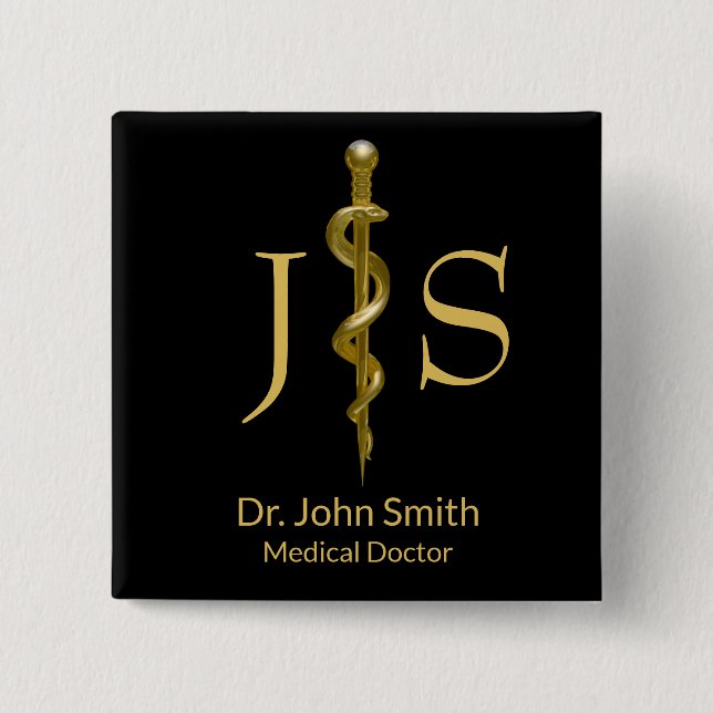 Classy Gold on Black Rod of Asclepius Medical 2 Inch Square Button (Front)