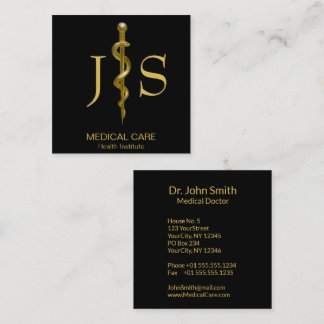 Classy Gold on Black Rod of Asclepius Medical Square Business Card