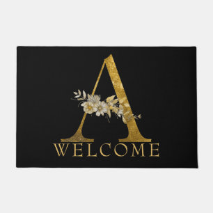 Classy Gold on Gold Monogram A with Flowers Doormat