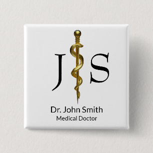 Classy Gold on White Rod of Asclepius Medical 2 Inch Square Button