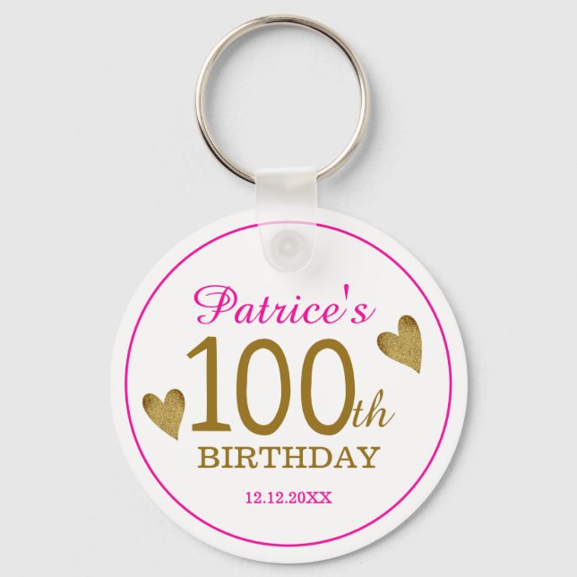 Classy Gold Pink 100th Birthday Thank You Favour   Keychain (Front)