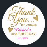Classy Gold Pink 50th Birthday Thank You  Classic Round Sticker<br><div class="desc">50th birthday thank you stickers in classy pink and gold typography .</div>