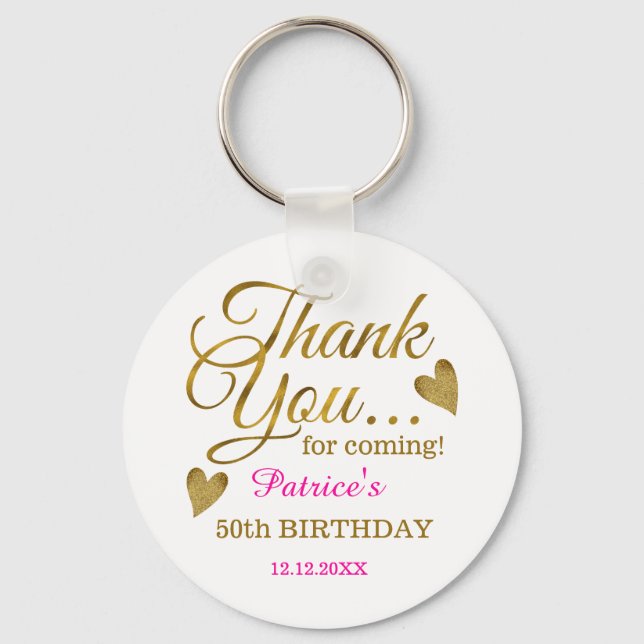 Classy Gold Pink 50th Birthday Thank You Favour Keychain (Front)