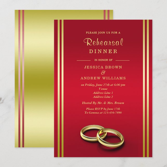 Classy Gold & Red, Wedding Rings Rehearsal Dinner Invitation (Front/Back)