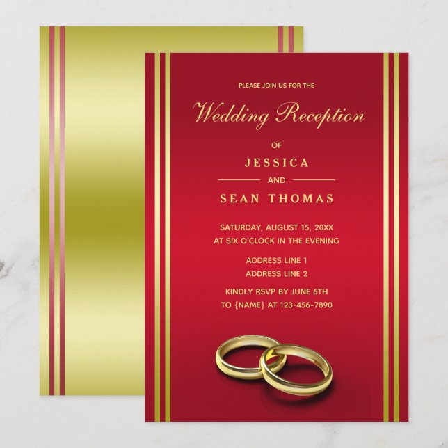 Classy Gold & Red, Wedding Rings Wedding Reception Invitation (Front/Back)