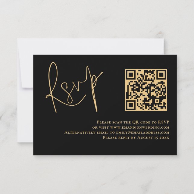 Classy Gold Script Black QR Code Wedding RSVP Card (Front)