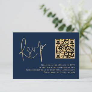 Classy Gold Script Navy Blue QR Code Wedding RSVP Card
