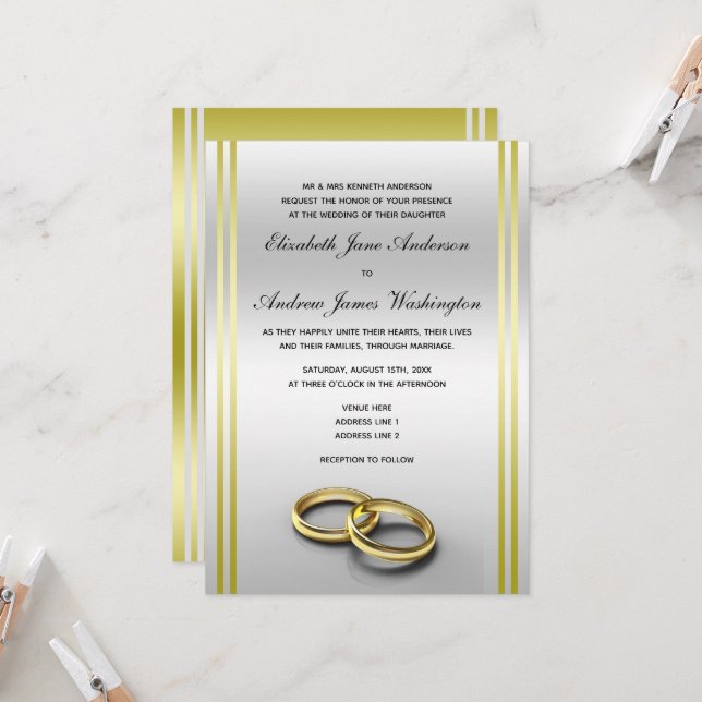 Classy Gold & Silver, Wedding Rings Wedding Invitation (Front/Back In Situ)