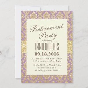 Classy Gold & Violet Damask Retirement Invitation