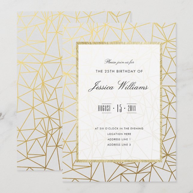 Classy Gold & White 25th Birthday Party Invitation (Front/Back)