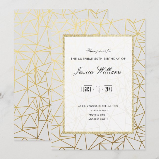 Classy Gold & White Surprise 50th Birthday Party Invitation (Front/Back)
