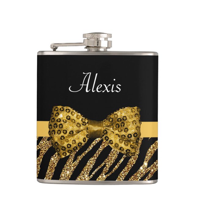 Classy Gold Zebra Print FAUX Glitz Bow With Name Hip Flask (Front)