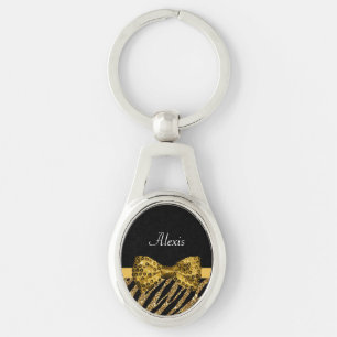 Classy Gold Zebra Print FAUX Glitz Bow With Name Keychain