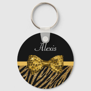 Classy Gold Zebra Print FAUX Glitz Bow With Name Keychain