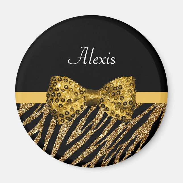 Classy Gold Zebra Print FAUX Glitz Bow With Name Magnet (Front)