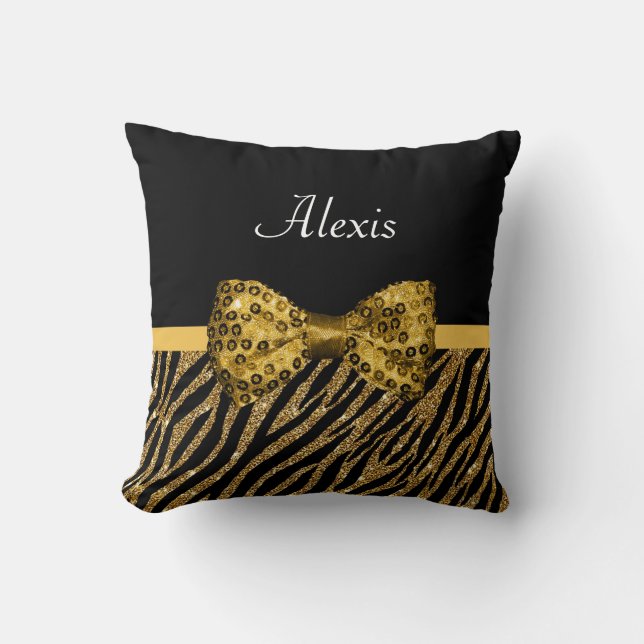 Classy Gold Zebra Print FAUX Glitz Bow With Name Throw Pillow (Front)