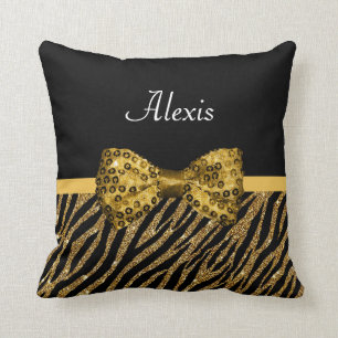Classy Gold Zebra Print FAUX Glitz Bow With Name Throw Pillow
