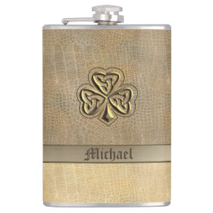 Classy golden Irish lucky shamrock leather look Hip Flask