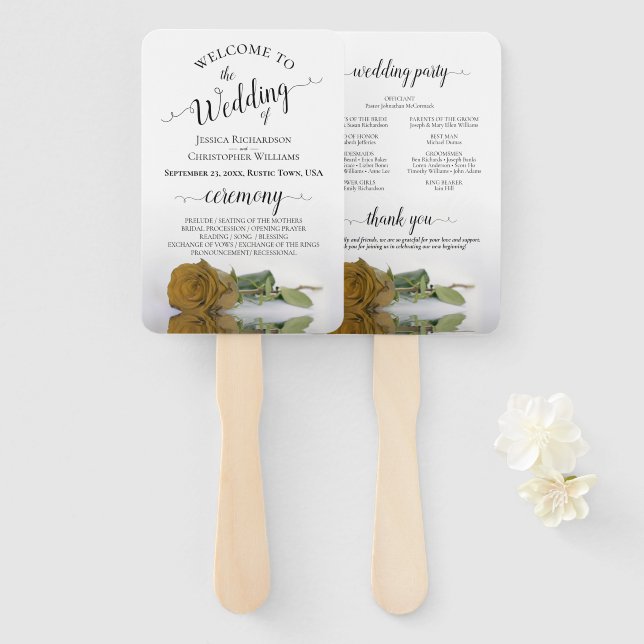 Classy Golden Ochre Rose Elegant Wedding Program Hand Fan (Front and Back)