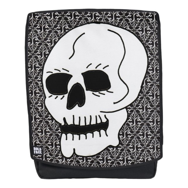 Classy Gothic White Skull on black White Damask Backpack (Front)