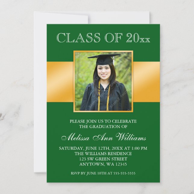 Classy Green Gold Photo Faire-part de graduation (Devant)