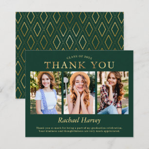 Classy Green Gold Three Photo Graduation Thank You