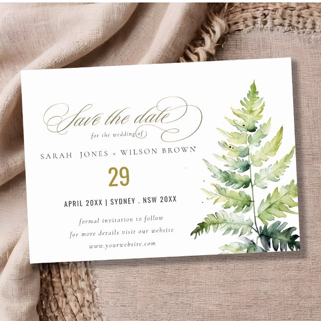 Classy Green Gold Watercolor Fern Foliage Save The Date (Creator Uploaded)
