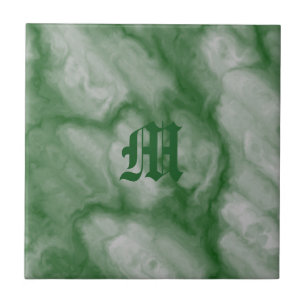 Classy Green Grey Faux Marble Monogram Tile