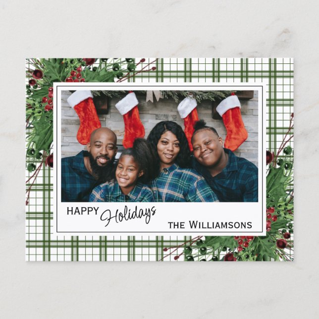 Classy Green Holly Red Berries Botanical Foliage Postcard (Front)