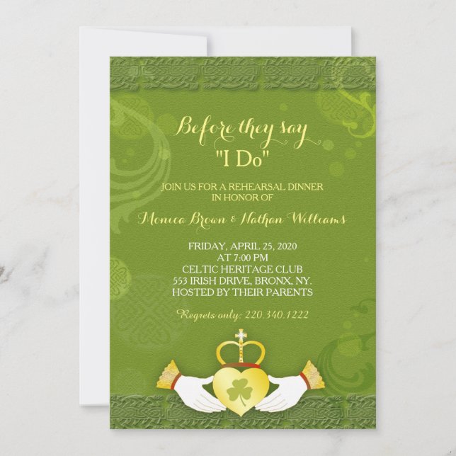 Classy Green Irish Wedding Rehearsal Dinner Invitation (Front)