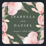 Classy Green Magnolia Custom Wedding Square Sticker<br><div class="desc">These personalized wedding stickers with modern typography and watercolor magnolia flowers look fresh and chic. Feel free to edit it with your names and wedding date. Matching invitations,  rsvp,  and enclosure cards,  as well as day-of stationery,  are also available.</div>