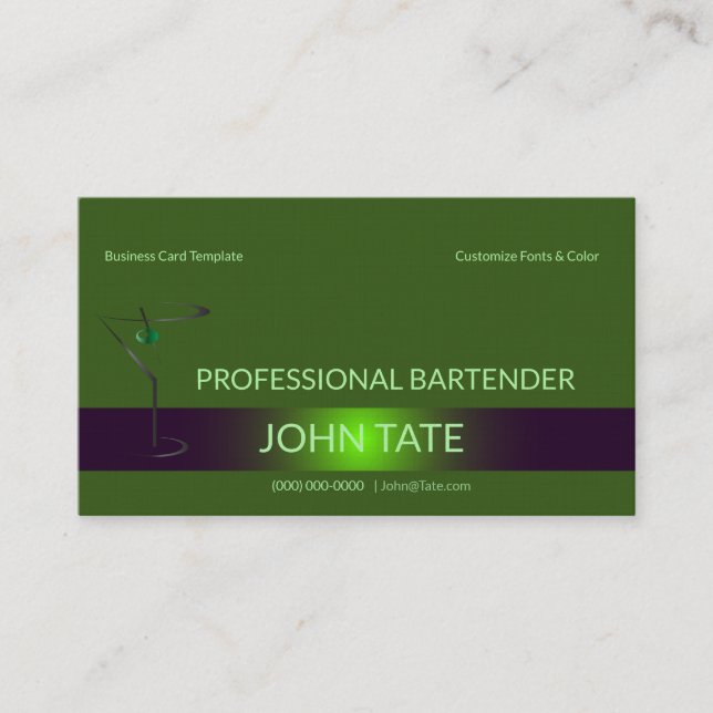 Classy Green Martini Metallic Bartender Template Business Card (Front)