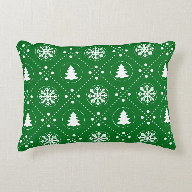 Classy Green White Snowflake Christmas Tree Design Decorative Pillow (Front)