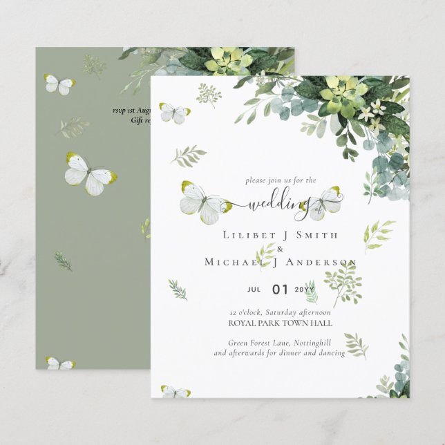 Classy Greenery Foliage Wedding Invitations Budget (Front/Back)