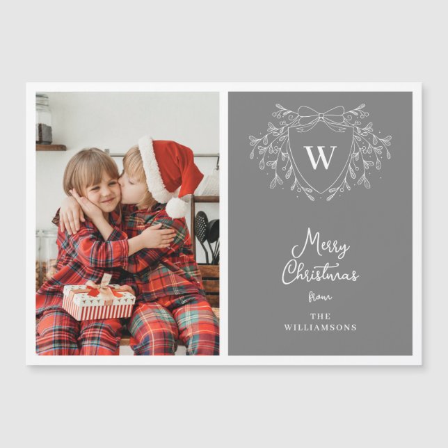 Classy grey and white crest photo magnetic card (Front)