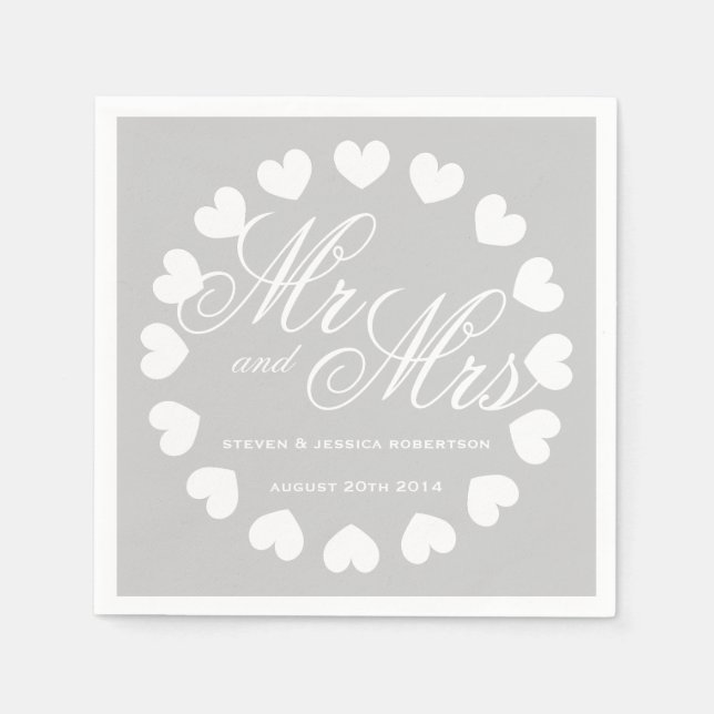 Classy grey and white Mr Mrs wedding napkins (Front)