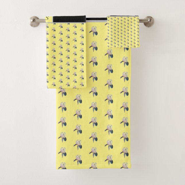 Classy Grey Black Iris Pattern on Yellow Monogram Bath Towel Set (Insitu)