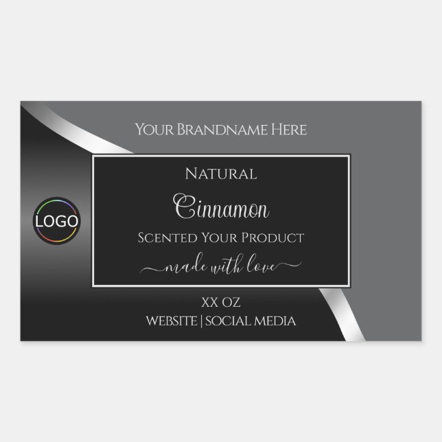 Classy Grey Black Wavy Silver Logo Product Labels (Front)
