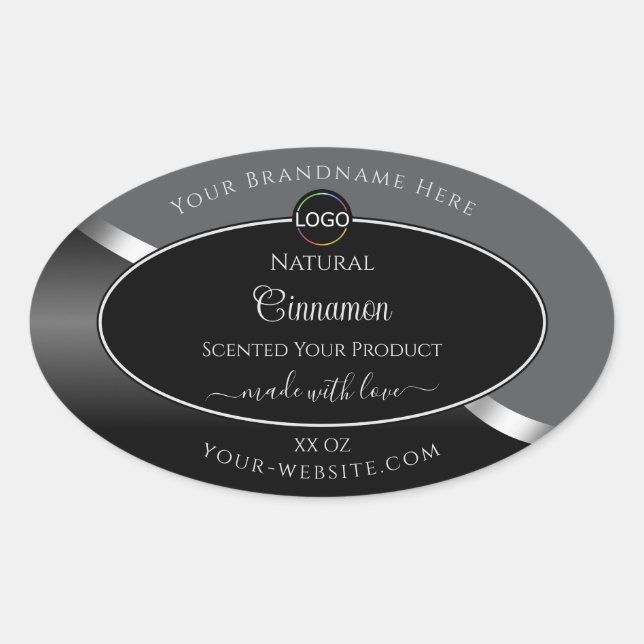 Classy Grey Black Wavy Silver Logo Product Labels (Front)