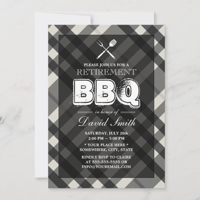 Classy Grey Plaid BBQ Retirement Party Invitations (Front)