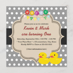Classy Grey Polka Dots Rubber Ducky Twins Birthday Invitation