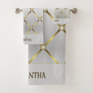 Classy Grey White And Gold Geometric Mesh Bath Towel Set