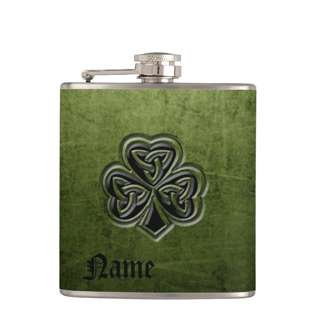 Classy grunge Irish lucky shamrock personalized Hip Flask (Front)