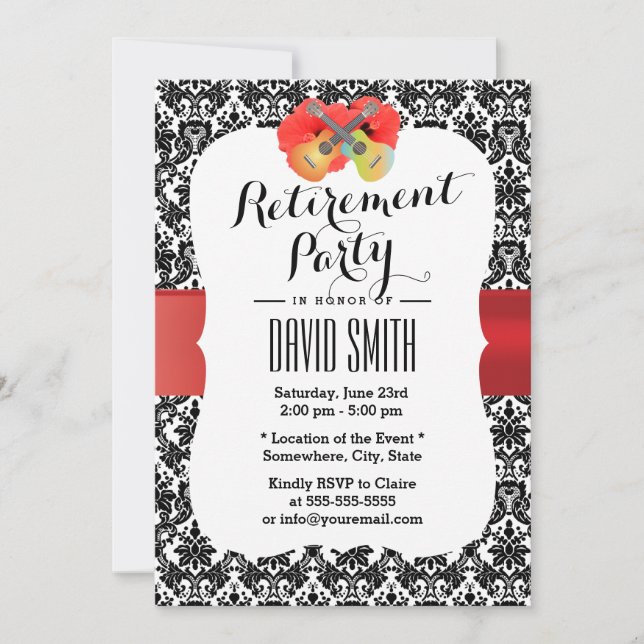 Classy Hibiscus & Ukulele Damask Retirement Party Invitation (Front)