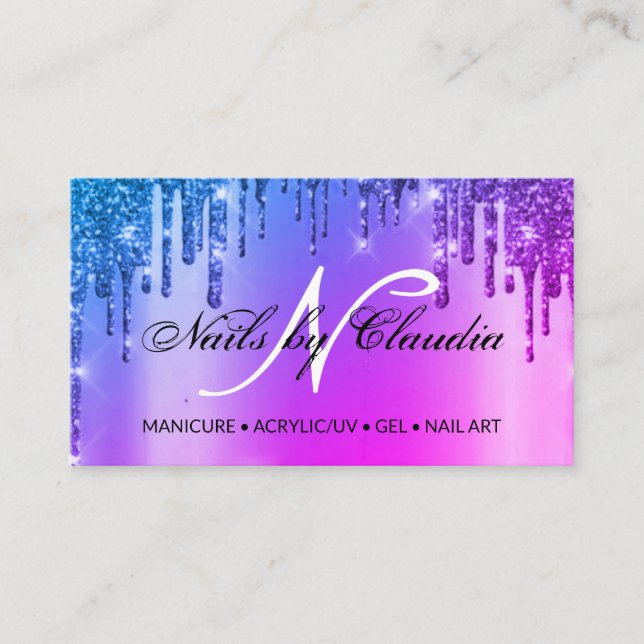 Classy holographic glitter script business card (Front)