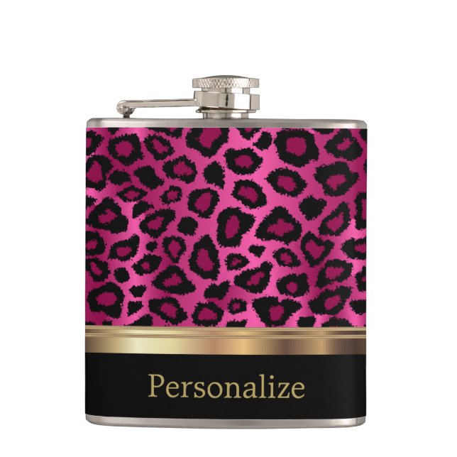 Classy Hot Pink Leopard Animal Print Hip Flask (Front)