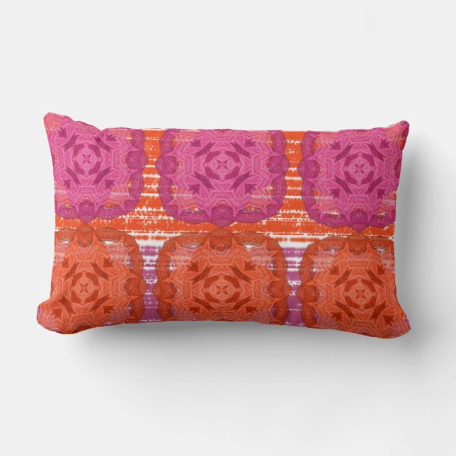 Classy Hot Pink Orange Mix Square Print Lumbar Pillow (Front)